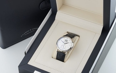 A. LANGE & SOHNE SAXONIA OUTSIZE DATE 18CT WHITE GOLD FULL SET W/ BOX & PAPERS REF. 381.026 CIRCA 20