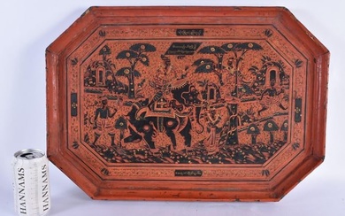 A LARGE LATE 19TH CENTURY THAI SOUTH EAST ASIAN COUNTRY HOUSE LACQUERED TRAY painted with figures an