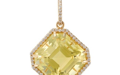 A LEMON QUARTZ AND DIAMOND PENDANT set with an octagonal step cut lemon quartz of 20.02 carats in a