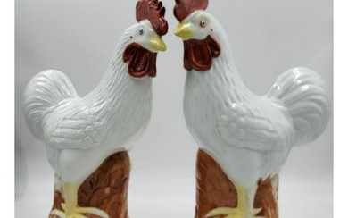 A Large Fine Pair Of Chinese Porcelain Roosters With Partial Seal Mark