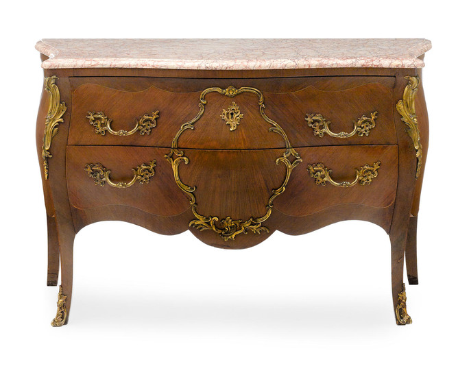 A Louis XV Style Marble Top Gilt Bronze Mounted Walnut Commode