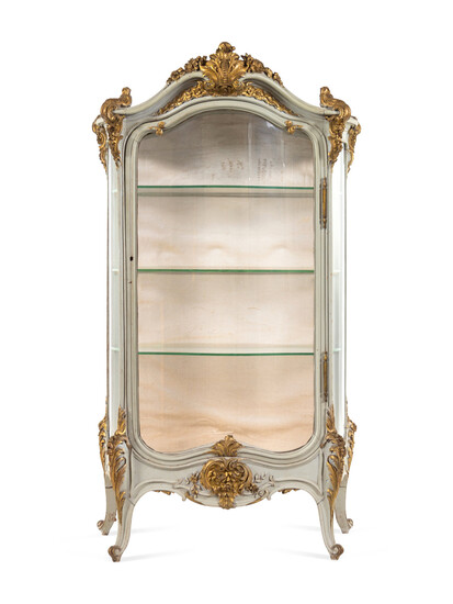 A Louis XV Style Painted and Parcel Gilt Carved Vitrine Cabinet