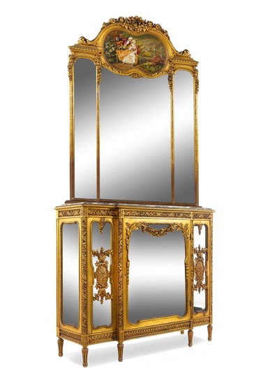 A Louis XVI Style Giltwood Vitrine Cabinet and Trumeau Mirror