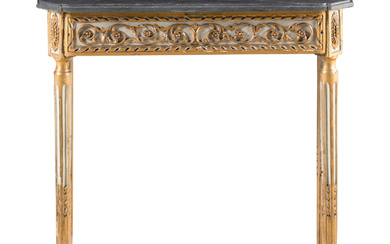 A Louis XVI Style Painted and Parcel Gilt Marble-Top Console Table