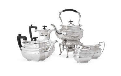 A MATCHED SILVER FIVE PIECE TEA SERVICE INCLUDING A KETTLE ON STAND, ELKINGTON & CO.