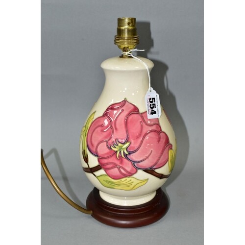 A MOORCROFT PINK MAGNOLIA PATTERN TABLE LAMP of baluster for...