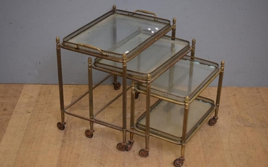 A NEST OF FRENCH BRASS TABLES WITH GLASS AND GALLERY EDGING (A/F) (57H x 61W x 41D CM) (LEONARD JOEL DELIVERY SIZE: LARGE)