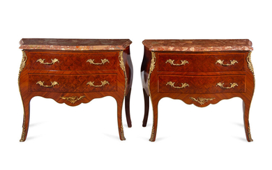 A Near Pair of Louis XV Style Gilt Metal Mounted Parquetry Marble-Top Commodes