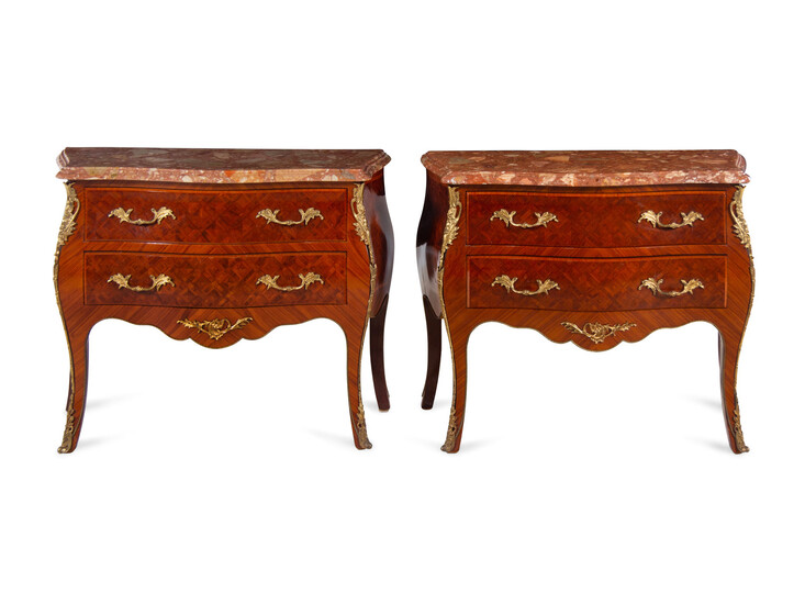 A Near Pair of Louis XV Style Gilt Metal Mounted Parquetry Marble-Top Commodes