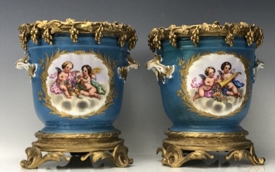 A PAIR OF 19TH C. ORMOLU MOUNTED SEVRES CACHE POTS