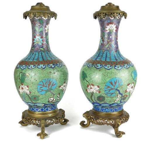 A PAIR OF 19TH CENTURY FRENCH CLOISONNÉ LAMP BASES Fashioned...