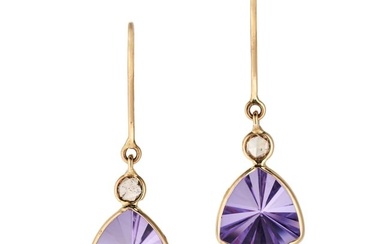 A PAIR OF AMETHYST AND DIAMOND DROP EARRINGS each set with a rose cut diamond, suspending a fancy