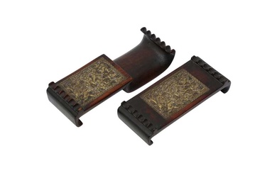 A PAIR OF CHINESE BRONZE AND WOOD 'HUNTERS' BRUSH RESTS 清十八世紀 射獵圖紋筆擱一對