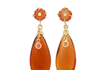 A PAIR OF CITRINE DROP EARRINGS, mounted in 18ct yellow gold...