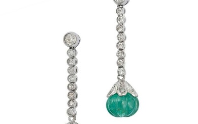 A PAIR OF EMERALD AND DIAMOND DROP EARRINGS in 18ct white and yellow gold, each set with a row of