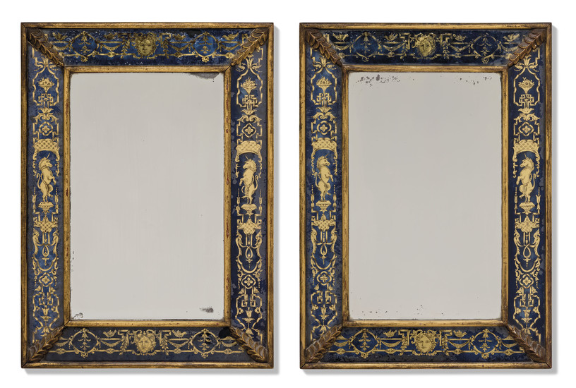 A PAIR OF FRENCH GILTWOOD AND VERRE EGLOMISE MIRRORS, LATE 19TH CENTURY