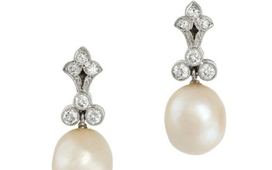 A PAIR OF NATURAL PEARL AND DIAMOND DROP EARRINGS, EARLY 20TH CENTURY in 14ct white gold, set wit...