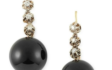 A PAIR OF ONYX AND DIAMOND DROP EARRINGS set with round