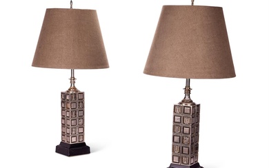 A PAIR OF PATINATED AND BRUSHED METAL TABLE LAMPS BY THE REMBRANDT LIGHT COMPANY, CIRCA 1960