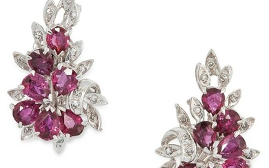 A PAIR OF RUBY AND DIAMOND CLUSTER EARRINGS, CIRCA 1950