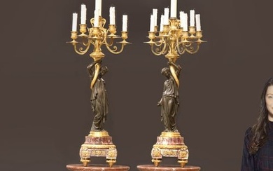 A Pair Of 19th C. Millet Patinated Bronze Rouge Marble Figural Candelabras, Signed