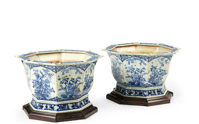A Pair of Chinese Blue and White Porcelain Octagonal Jardinières on Stands