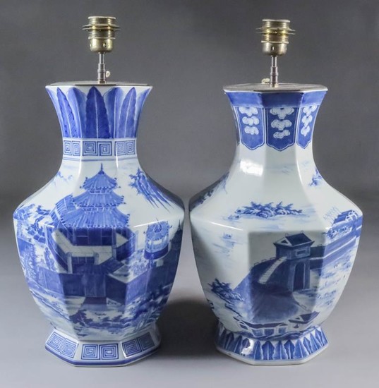 A Pair of Chinese Blue and White Porcelain Octagonal...