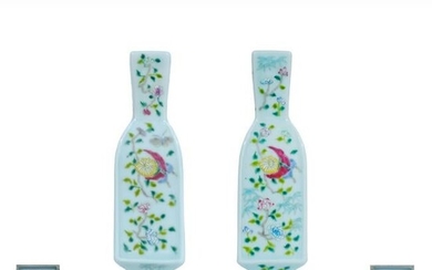A Pair of Chinese Pea Green Glaze Famille Rose Floral