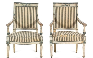 A Pair of Directoire White and Blue Painted Fauteuils