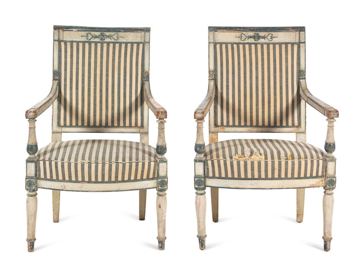 A Pair of Directoire White and Blue Painted Fauteuils