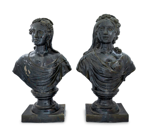 A Pair of French Green Glazed Terra Cotta Busts