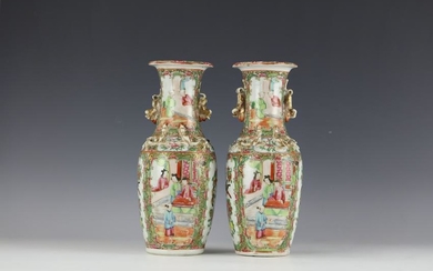 A Pair of Gilt Famille Rose Figural Vases of Qing