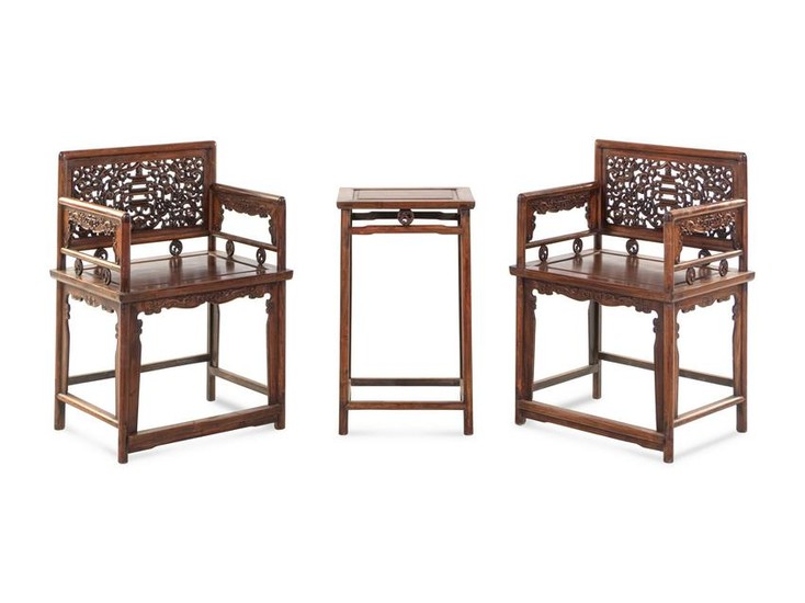 A Pair of HualiÊLow-Backed Armchairs and Matching Stand