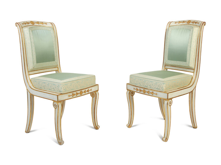 A Pair of Russian Painted and Parcel Gilt Boudoir Chairs