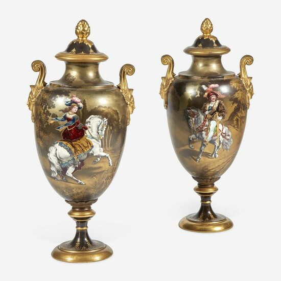 A Pair of Sèvres Style Parcel-Gilt and Enameled