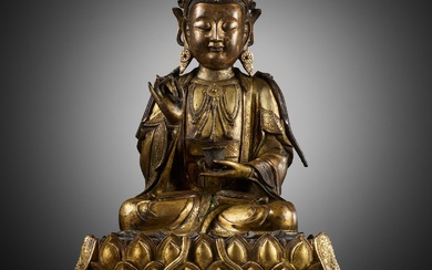 A RARE AND LARGE GILT BRONZE FIGURE OF ‘WILLOWLEAF’ GUANYIN, MING DYNASTY