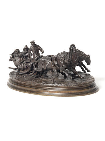 A Russian patinated bronze figural group of a couple in a horse-drawn troika