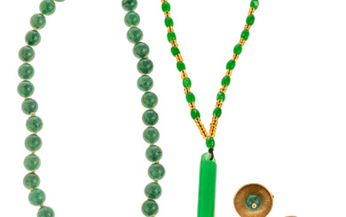 A Suite of Jade Jewelry in 14K & Necklace