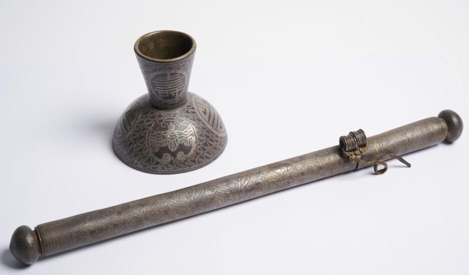 A TIBETAN IRON PEN-CASE AND A SILVER INLAID INKPOT 17TH AND 19TH CENTURIES
