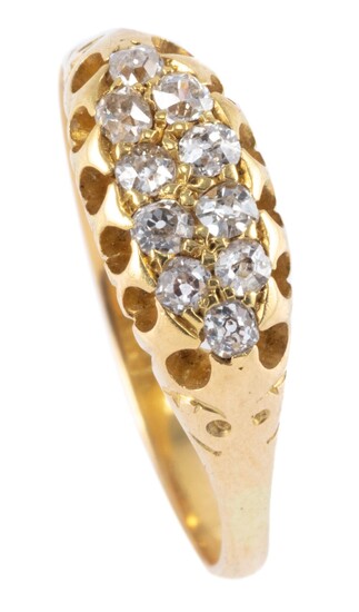 A VICTORIAN DIAMOND RING; belcher set in 18ct gold with 10 Old Mine cut diamonds, size P, top measures 6.4 x 15.2mm, wt. 3.12g.