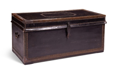 A VICTORIAN LEATHER, BRASS MOUNTED AND STUDDED 'MILITARY' CHEST, MID 19TH CENTURY