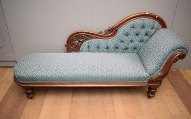 A VICTORIAN SETTEE IN BLUE UPHOLSTERED FABRIC (A/F) (94H X 210W X 73D CM) (PLEASE NOTE THIS HEAVY ITEM MUST BE REMOVED BY CARRIERS...