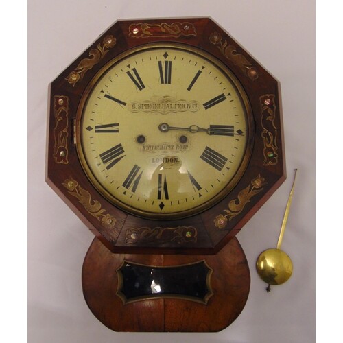 A Victorian mahogany octagonal chiming wall clock, inlaid wi...