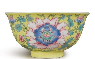 A YELLOW-GROUND FAMILLE-ROSE 'PEONY' BOWL, DAOGUANG SEAL MARK AND PERIOD