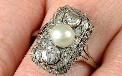 A circular-cut diamond and pearl ring.