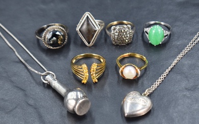 A collection of silver and white metal jewellery including stone set rings such as a silver cultured