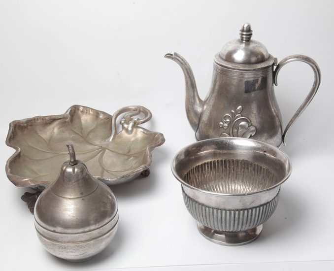 A collection of silver-plated items, Europe, including: bowl, leaf-shaped...