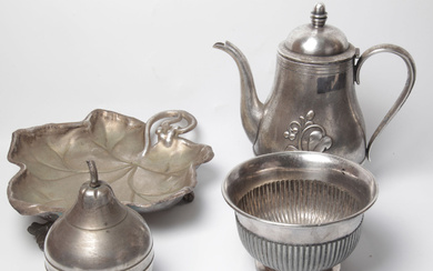 A collection of silver-plated items, Europe, including: bowl, leaf-shaped...
