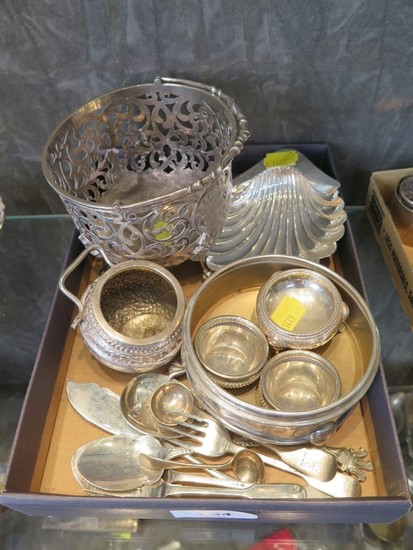 A collection of silver to include a basket, spoons, box (as ...