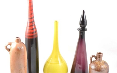 A collection of stoneware bottles, and contemporary glass vessels